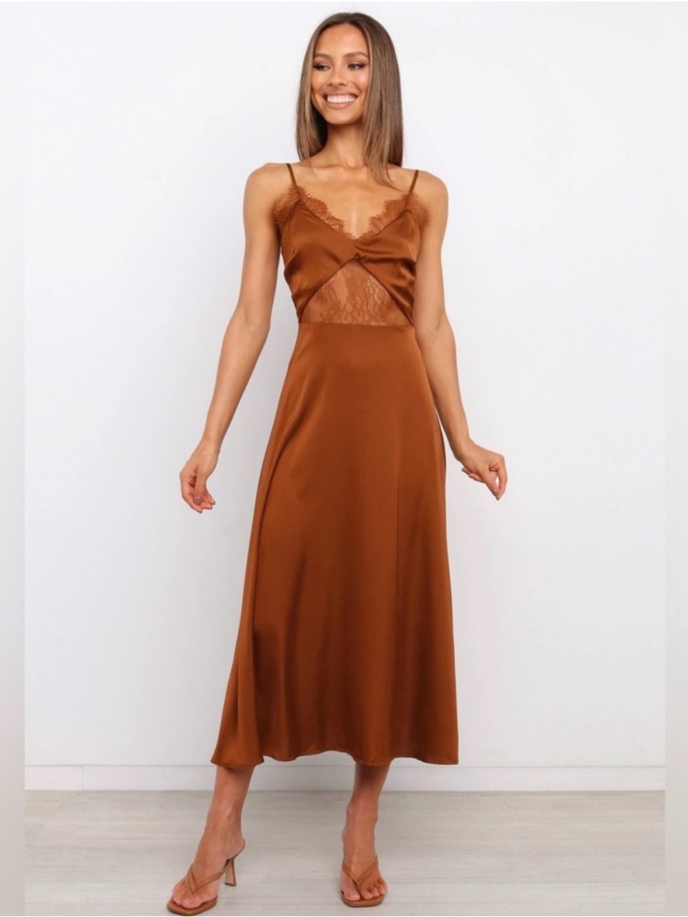 Petal & Pup Satin Slip Midi Dress in Rust